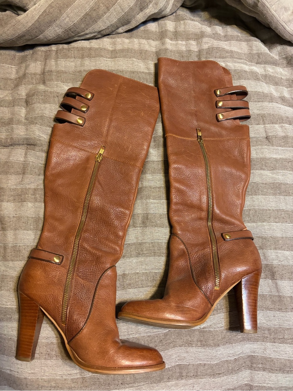Cynthia Vincent Cognac Leather Over-the-Knee Zip Heeled Boots